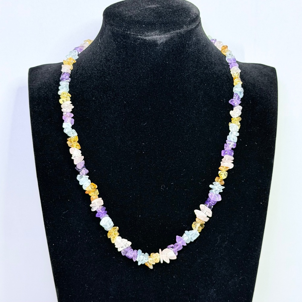 Multicolor Gemstone Chip Necklace Amethyst Citrine Aquamarine Gold Tone Clasp